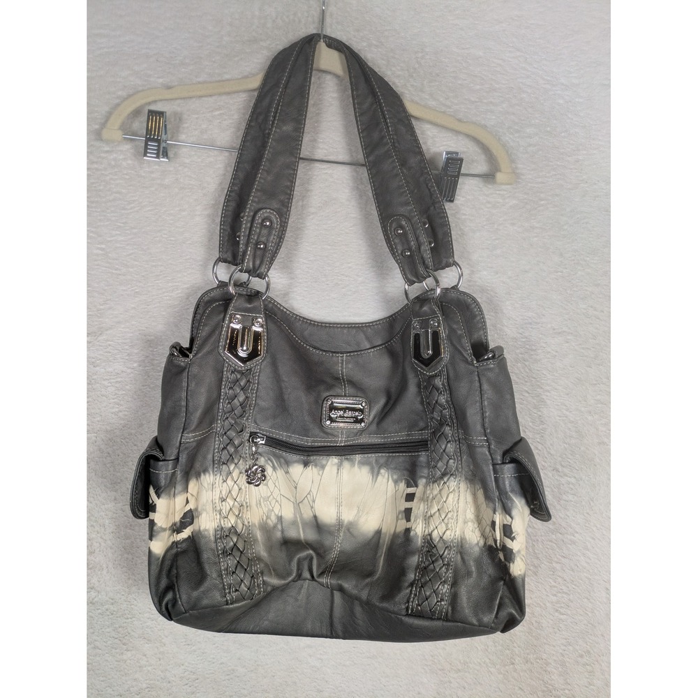 Angel Barcelo Shoulder Bag Women's Large Gray Tie Dye Braided Faux Leather Hobo
